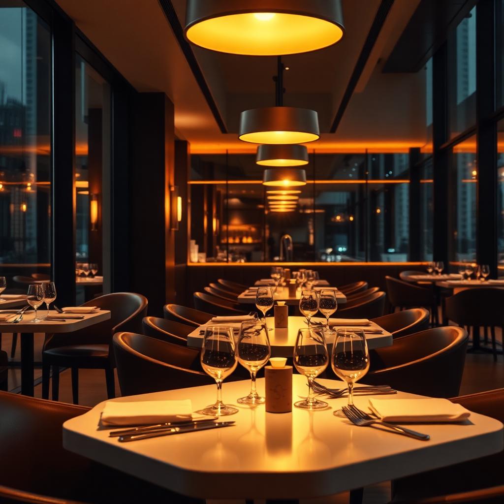 Fine dining restaurant interior at golden hour